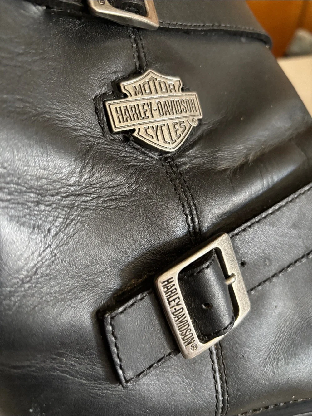 Harley-Davidson Black Leather Engineer Boots with Silver Buckles, steel toe